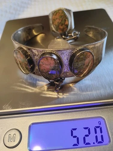 Vintage Nice Navajo Sterling Silver  Unakite Slave Bracelet Ring Set 52.0 Grams