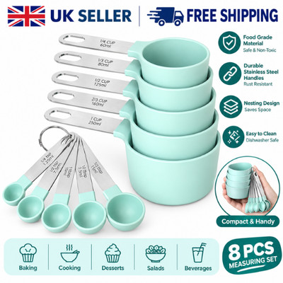 8-Piece Measuring Cups & Spoons Set Stainless Steel Handles Baking ...