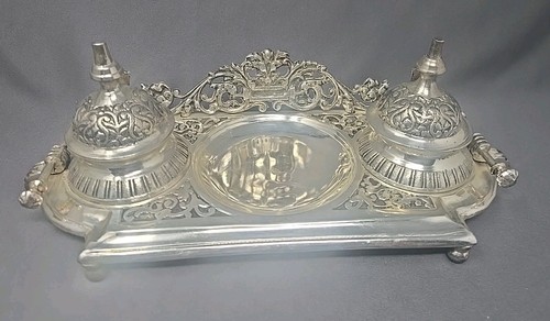 Vintage Double Inkwell Desk Set Ornate Victorian Style India 11"