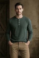 The Normal Brand Long Sleeve Henley Green Cotton Blend Men’s Large - Read