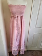 River Island Strapless Dress Ladies Size S Pink Embroidered Lace Maxi Split Leg