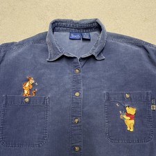 Vintage Winnie The Pooh Shirt Womens XL Blue Corduroy Button Up Embroidered Fade