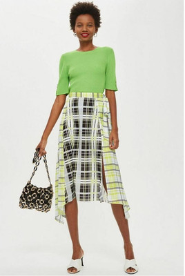Topshop Women's Check Print in Black/neon yellow/White Midi 12 Skirt