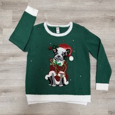 Holiday Time Ugly Sweater Womens Large Green Christmas Holiday French Bulldog