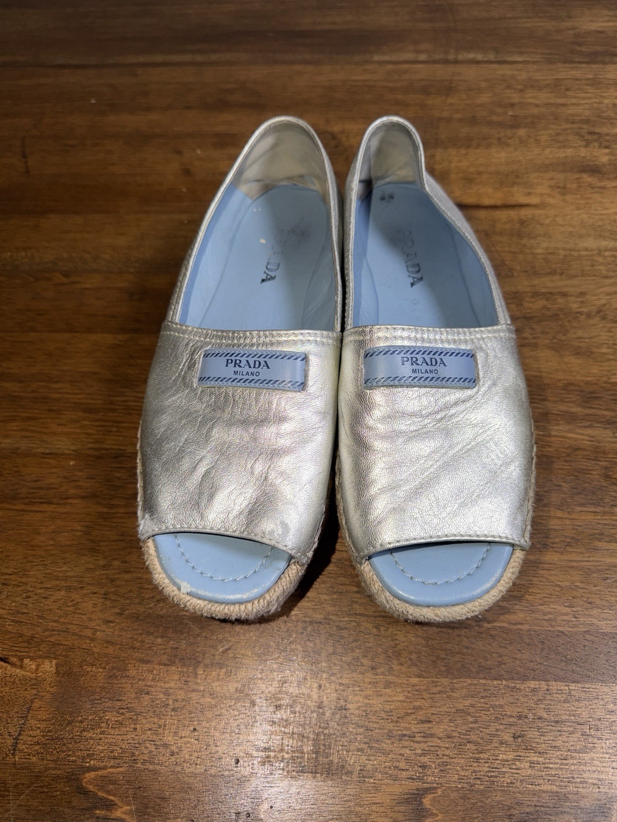 Prada Metallic Leather Peep Toe Espadrilles Platform   Casual Chic Resort 8.5