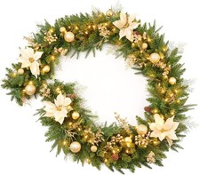 9Ft Christmas Garland Prelit with Gold Berries and Balls,Flower and 50 Lights