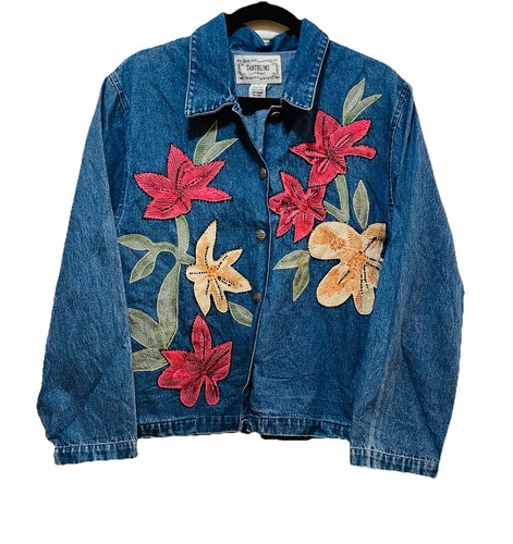 TANTRUMS Blue Jean Denim Embroidered Beads & Applique Floral Jacket Sz S