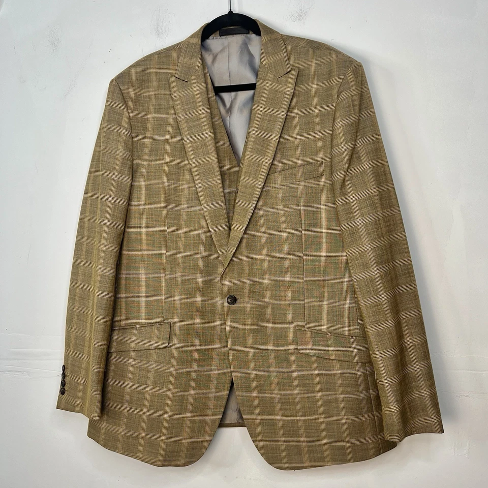 Vitali Men 3PC Vested Suit 46L Pants 40x32.5 Plaid Rust Peak Lapel Flat Front - Image 3 of 4