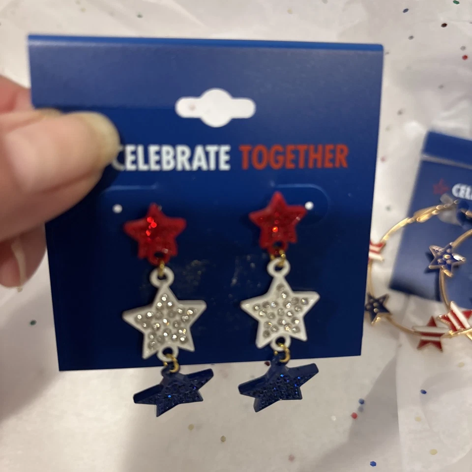 Lote de 3 Pendientes Patrióticos Aro y Colgante Esmalte Rojo Blanco Azul Foto 2 de 4