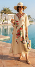 Ivory Cream Kaftan Dress Red & Coral Floral Embroidery Boho Maxi Caftan One Size