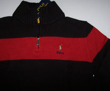NWT Polo Ralph Lauren BLACK/RED QUARTER-ZIP Cotton SWEATER Boys L 14/16 PONY