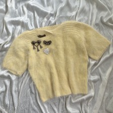 Vintage 1940s Pale Butter Yellow Hand Knit Fuzzy Angora Sweater Top Size S