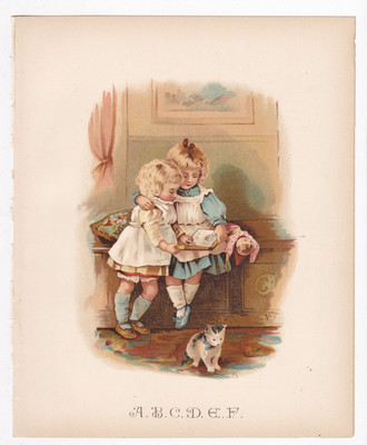 CHROMOLITHOGRAPH. VINTAGE  ''A B C D E F''  Two Girls With Book And Cat.