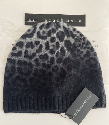 BNWT Sofiacashmere Leopard Printed Dip-Dye 100% Cashmere Beanie FauxFux Pom $195