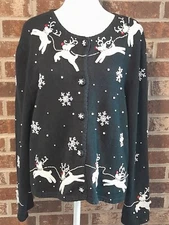 Vtg Michael Simon Sweater Beaded Christmas Cardigan Santa + Reindeer Sz Large L 