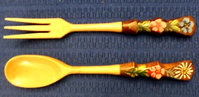 Wood Salad Serving Fork and Spoon Flowers Hand Painted Passo Falzarego EX
