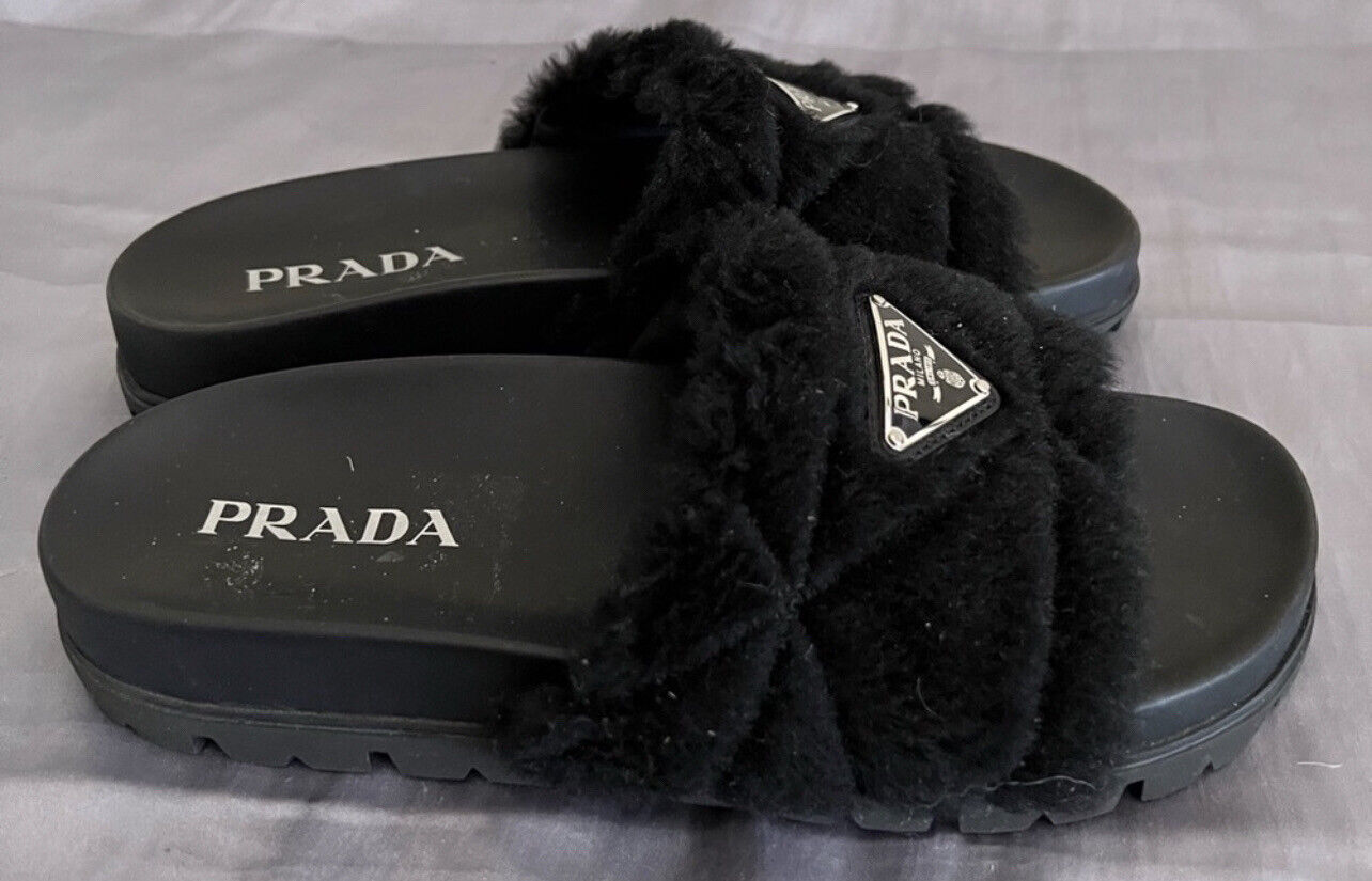 Womens Prada Shearling Slide Sandals Shoes 38 - image 10