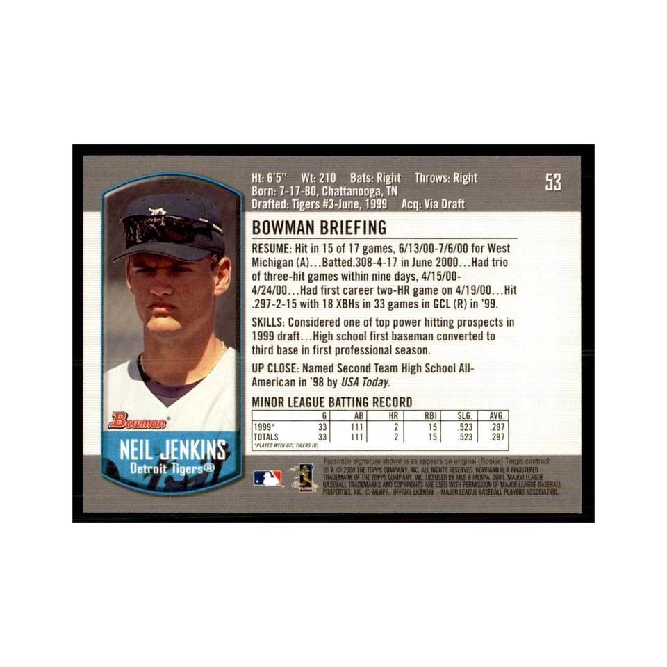 2000 Bowman Draft Picks & Rookies Neil Jenkins Baseball Cards #53 - Image 2 of 3