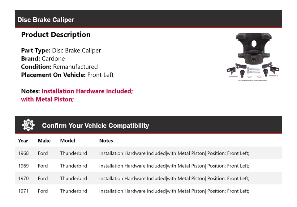 For 1968-1971 Ford Thunderbird Disc Brake Caliper Front Left Cardone 1969 1970 - Image 2 of 4