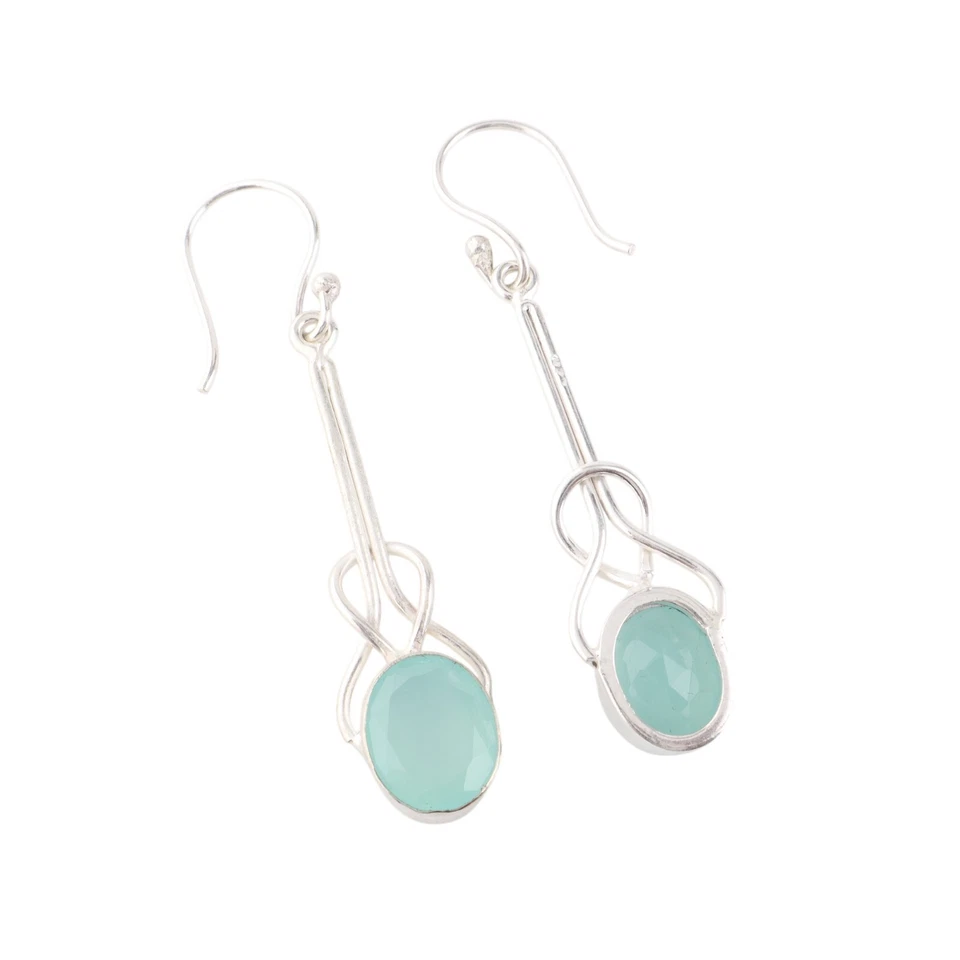 Pendientes hechos a mano de plata de ley 925 con piedras preciosas de calcedonia aguamarina joyería para regalo Foto 4 de 4