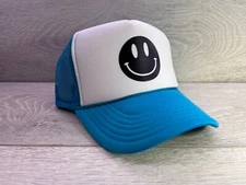 BLACK HAPPY FACE NEON BLUE HAT 5 PANEL HIGH CROWN TRUCKER SNAPBACK THROWBACK