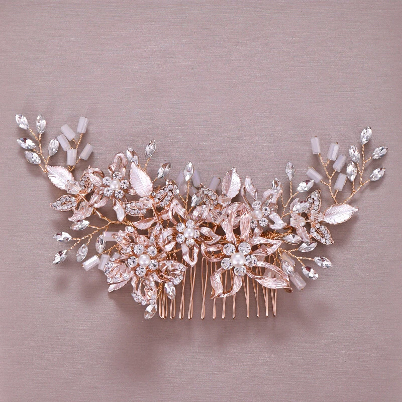 Cabeza de boda flor oro rosa grande 19 x 7 cm pinzas para el cabello peine accesorios Foto 4 de 4