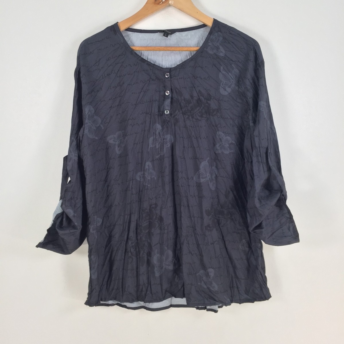 Floryday womens blouse top size L navy blue floral long sleeve