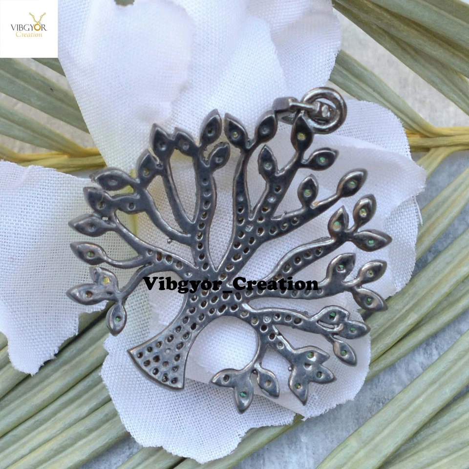 Colgante de diamantes pavé natural plata 925 tsavorita piedras preciosas árbol de la vida encanto Foto 4 de 4
