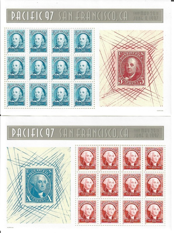 US Stamps: 2 MNH 1997 32c Pacific 97 Panes of 12. #3139 & 3140. 3 scans
