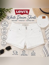 Levi s White Denim Shorts Size 6 Stretch Mid Rise Double Button Cuffed Hem