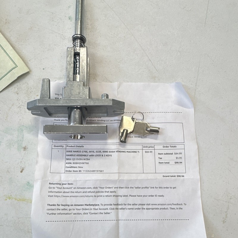 Dixie Narco T-Handle Assembly w/ Lock & 2 Keys for 276E 501E 522E 600E