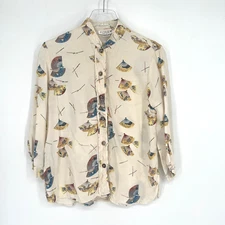 Citron Top Womens S Asian Fans Silk Button Down Career Boho Mandarin Collar