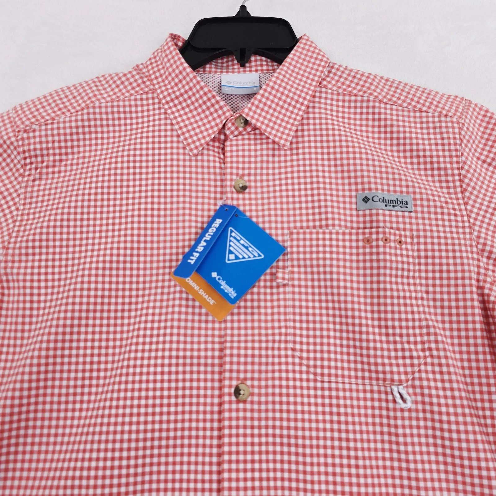 Columbia PFG Shirt Mens S Red Gingham Harbor Peak Omni-Shade Omni-Wick Fishing
