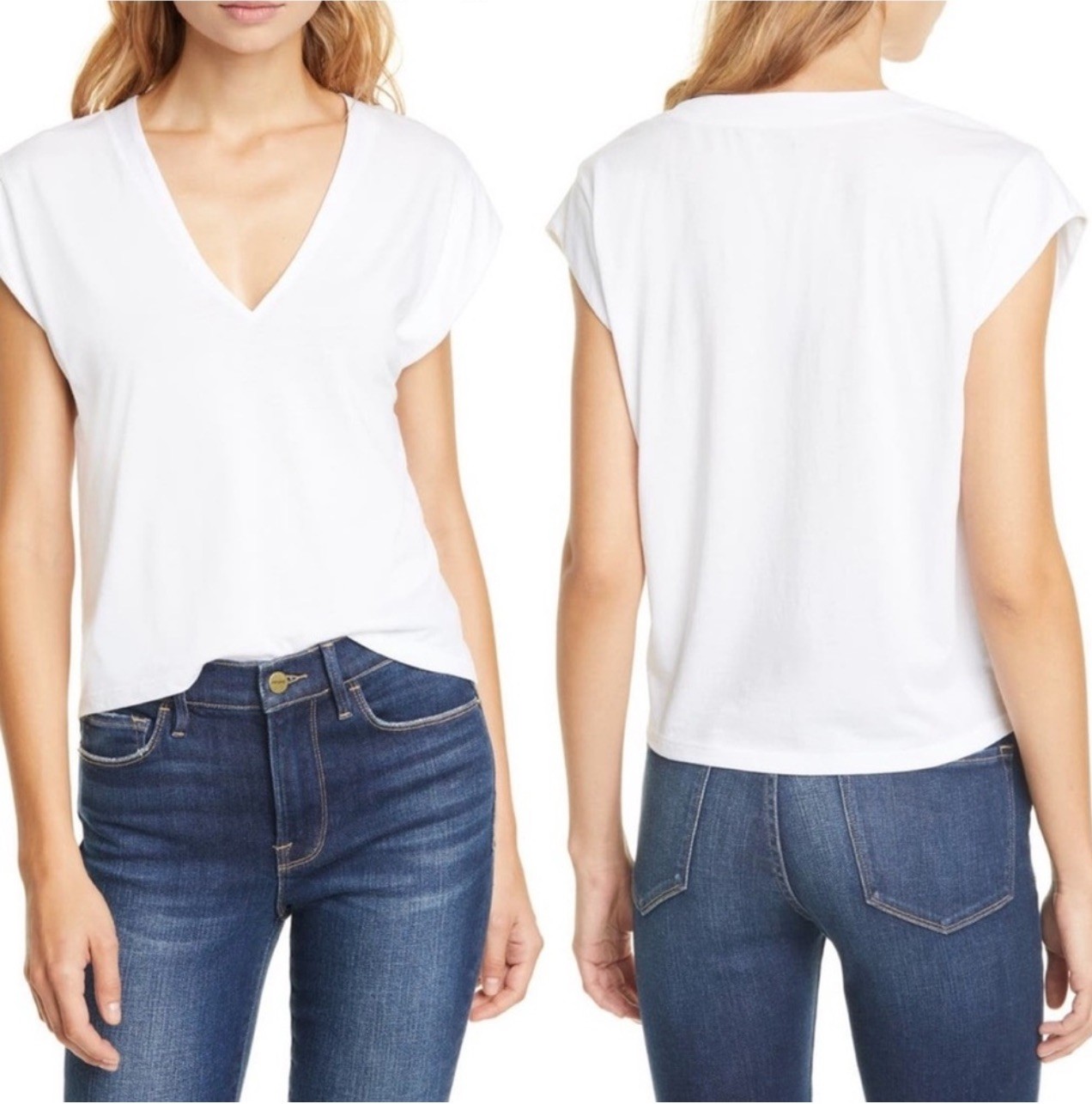 Frame Le Mid Rise V Neck White Short Sleeve Cotton Tee Small