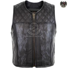 Men  s Biker Leather Vest Black Genuine Cowhide Club Vest Cut Camo Quilted Design