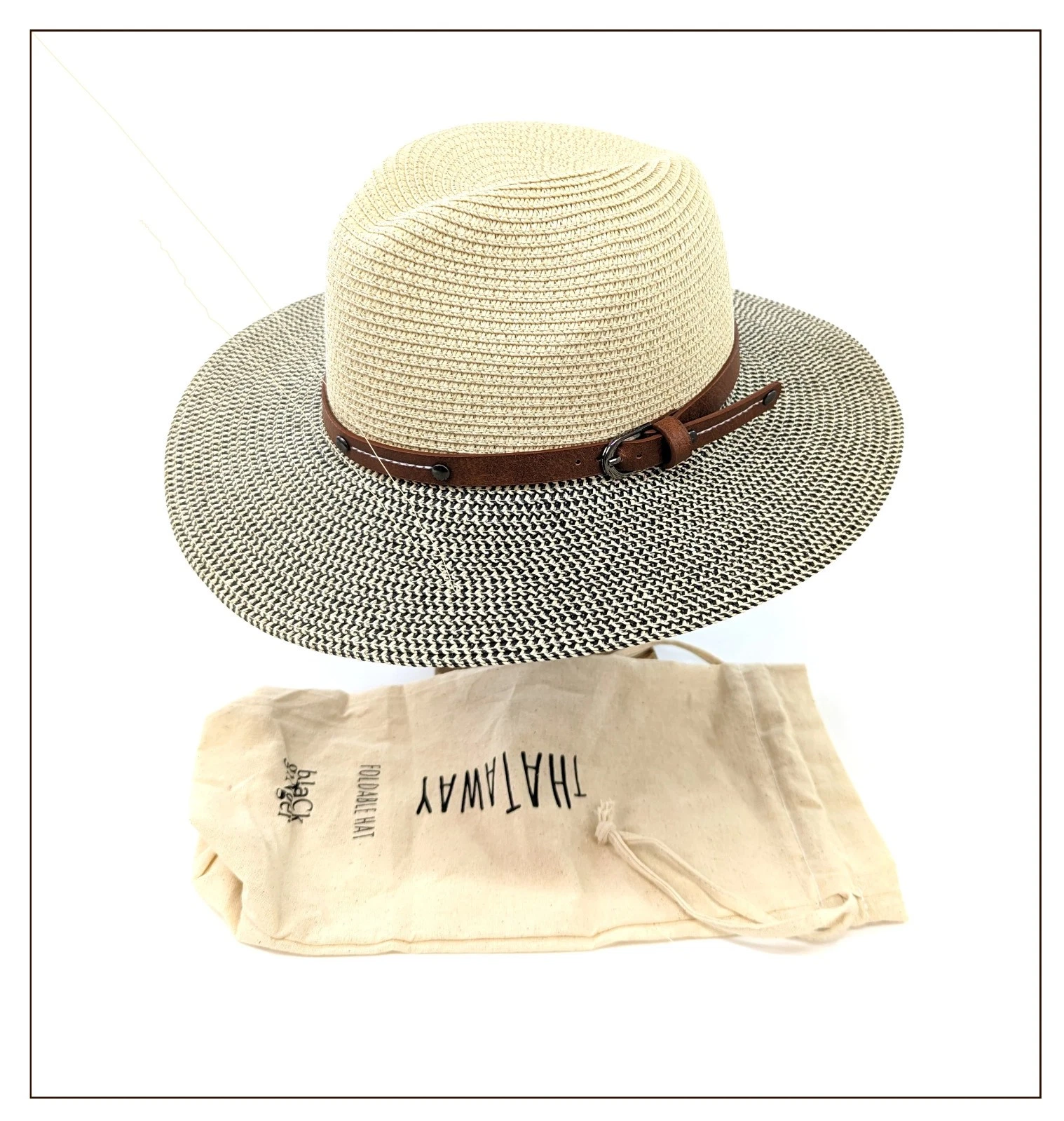 Panama Mottled Summer Hat Black Ginger Foldable Roll Up + Travel Bag 57 59 61cm
