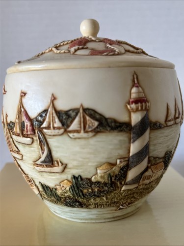 JARDINIA “SAILBOAT REGATTA” Design CACHEPOT TRINKET JAR WITH LID 4 1/4" - Picture 4 of 11