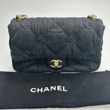 Chanel Classic Flap 22S Black Denim Chunky Gold Chain Shoulder Quilted CC Logo