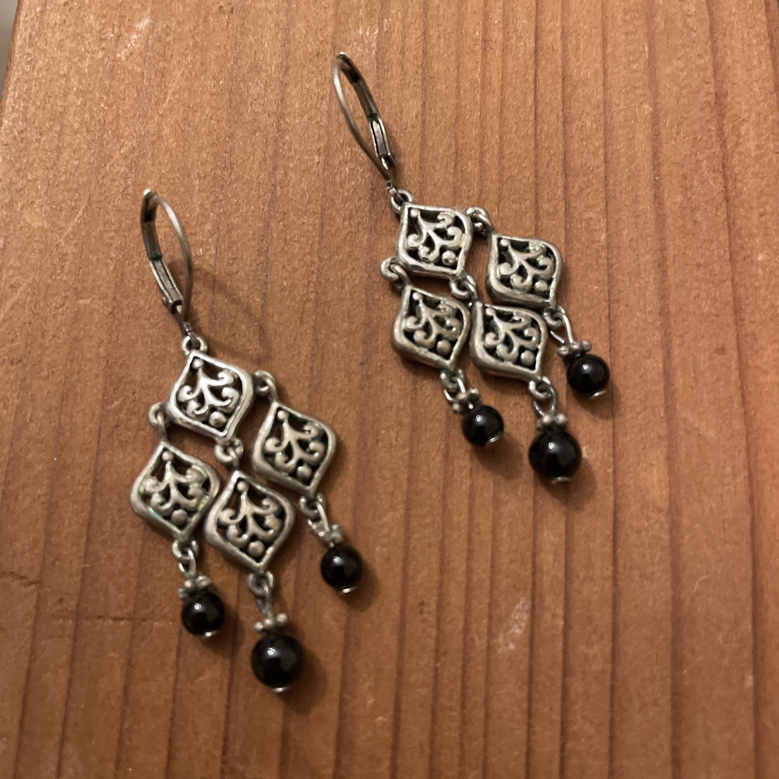 Vintage Dangle Earrings Black Beaded silver Plated Boho Swirl