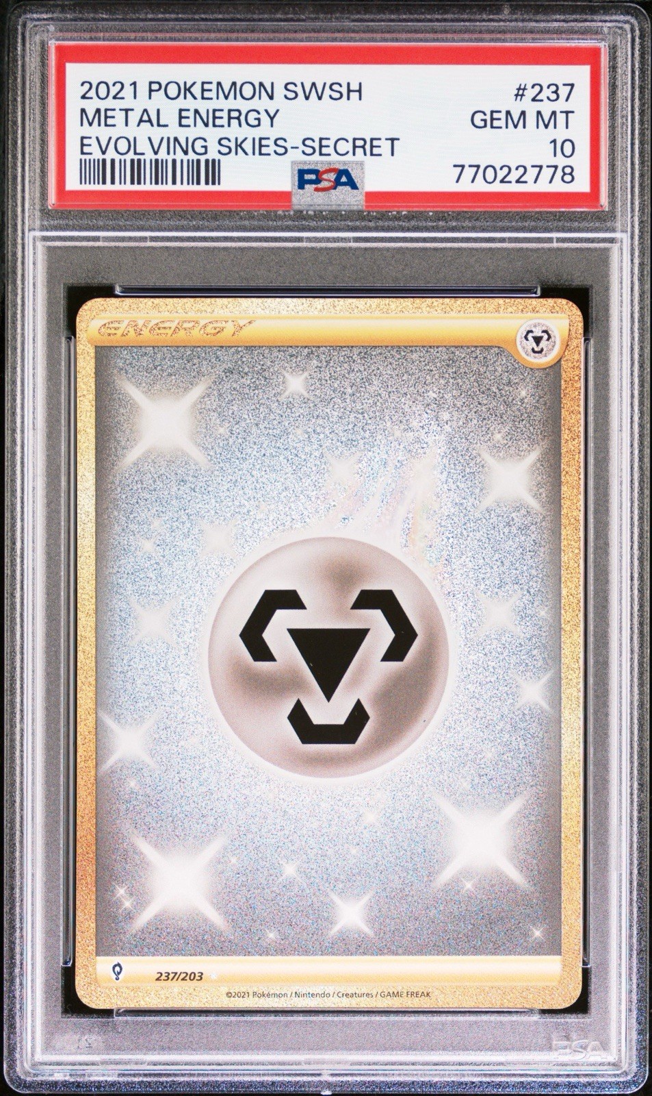 2021 Pokemon SWSH Evolving Skies Metal Energy 237/203 FA Secret Rare PSA 10