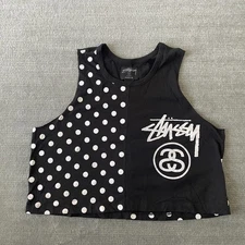 Stussy T Shirt Women M Black Polka Dot Logo Cropped Tank Muscle Skater Punk