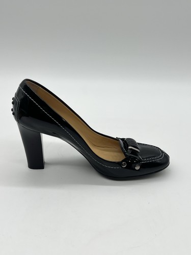 Tods Womens 9.5 Black Patent Leather High Pump Heeled Horsebit Split Toe Shoes. - Picture 12 of 15