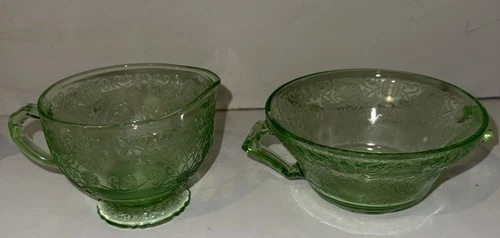 Hazel Atlas Florentine 1 Depression Glass Open Sugar Bowl Creamer Green Poppies