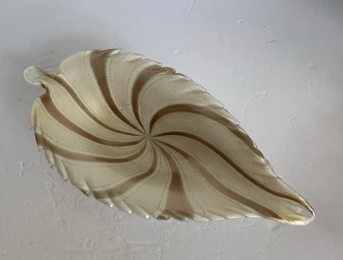 Vintage Murano Alfredo Barbini Leaf Bowl Trinket Gold Aventurine Circus Tent 12”