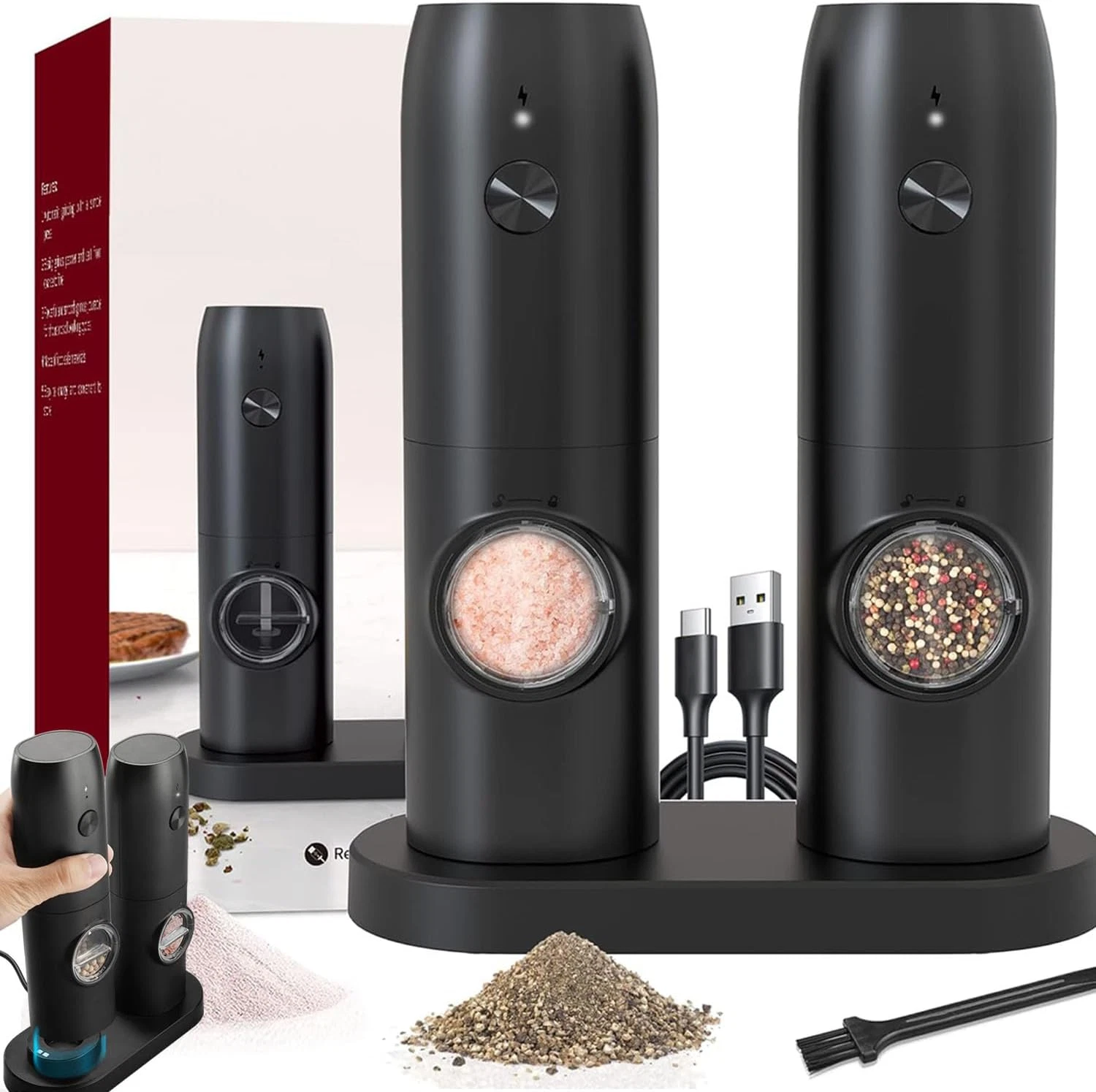 Electric Salt and Pepper Grinder Set of 2, Automatic Pepper Mill,Usb Rechargeabl