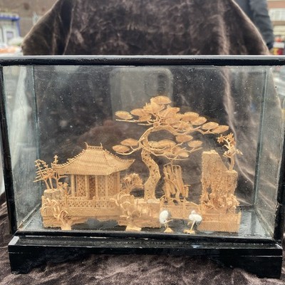 Vintage Chinese Cork Art Diorama Cranes Pagoda Trees Hand Carved in Glass Case