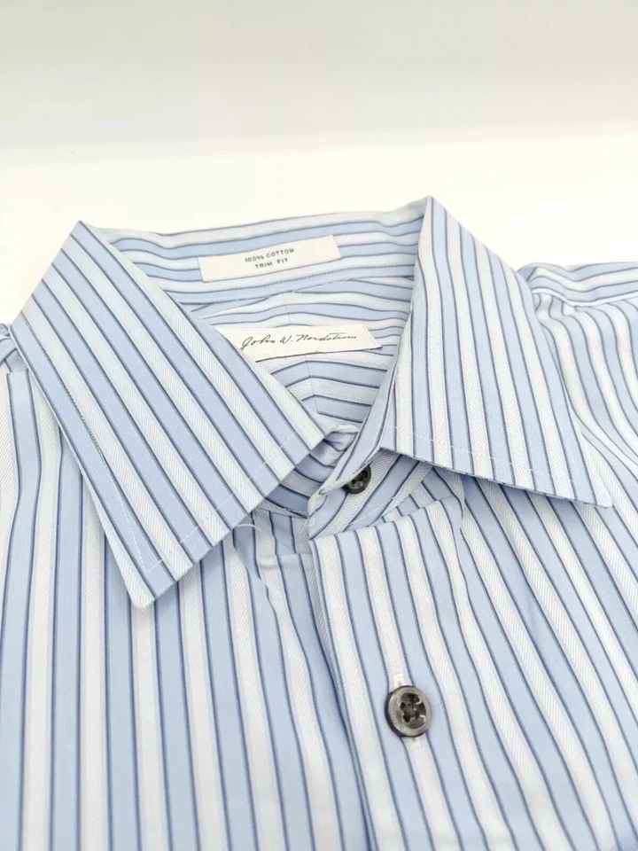 🇺🇲 John W Nordstrom Mens 16.5x33 Blue Stripe 100% Cotton Trim Fit Dress Shirt - Image 4 of 4