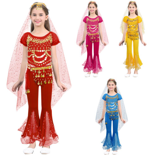 Girls Belly Dance Kids 5-Piece Children Outfit Halloween Flared Pants Costume - Picture 1 of 47