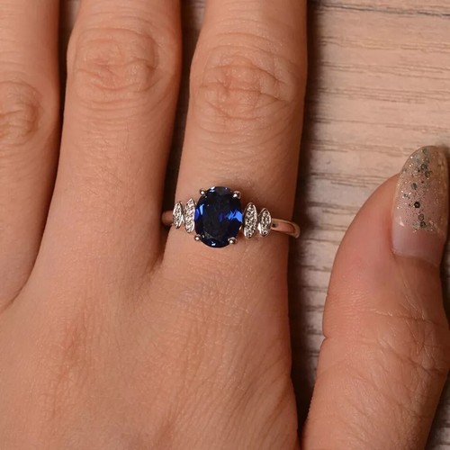 2.25Ct Oval Cut Lab-Created Blue Sapphire Engagement Ring 14K White Gold Plated - Picture 4 of 7