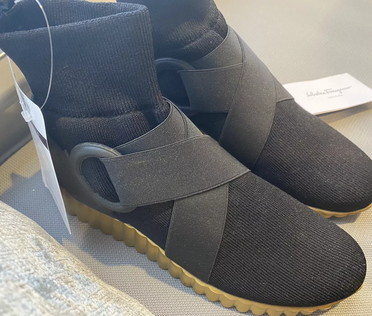 Salvator Ferragamo Women s Sock Sneaker Logo shoes Black Gold Size